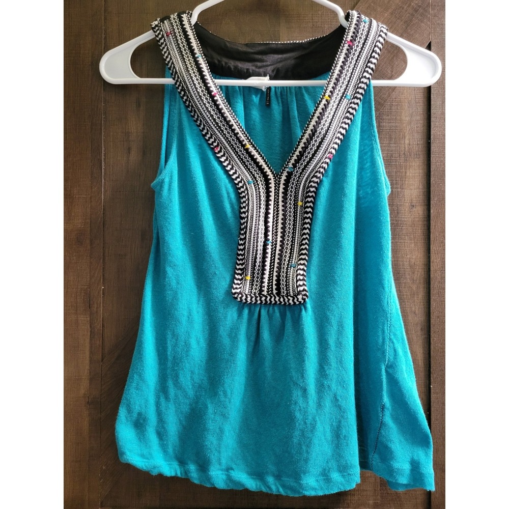 Akemi + Kin Anthropologie Teal Linen Blend Embroidered V-Neck Tank Top XS